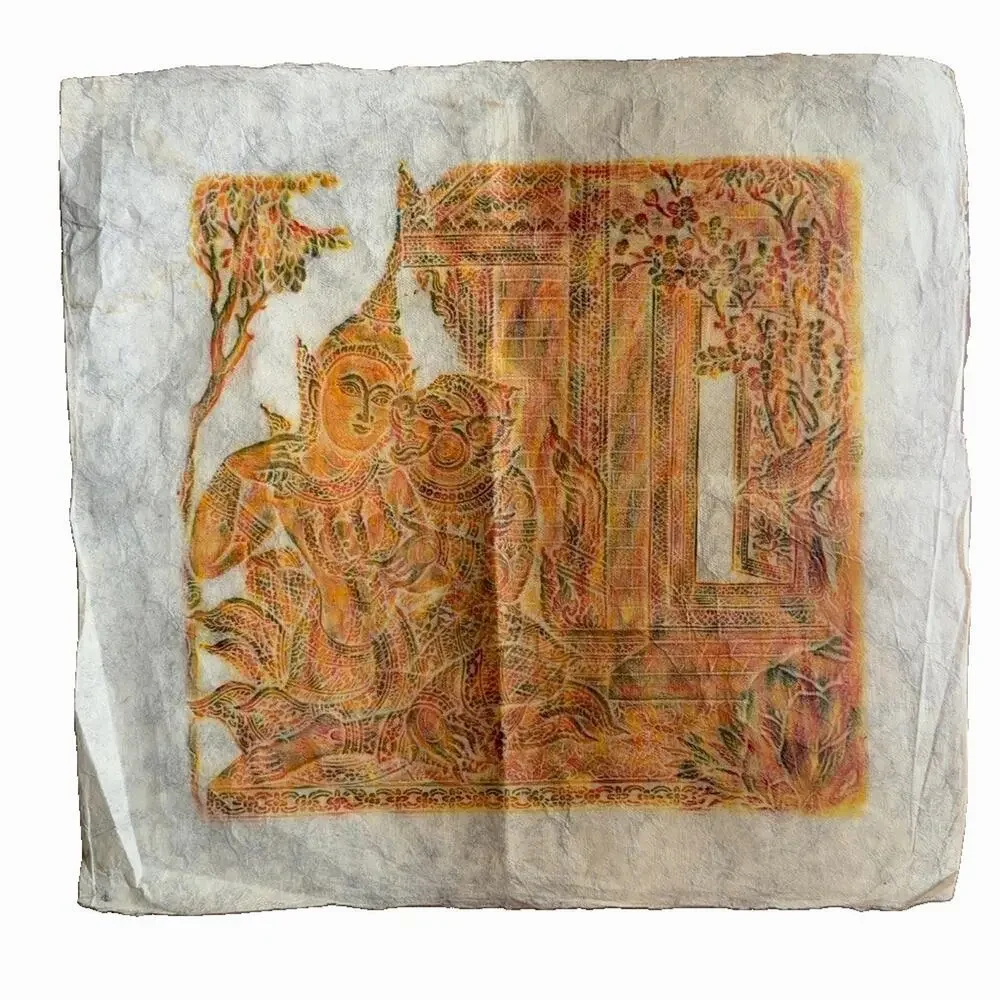 Vintage Thai Temple Rubbing Handmade Paper Wall Art 21x22 Unframed